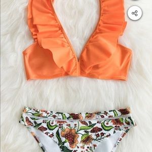 Orange Ruffle Bikini with Floral Bottom